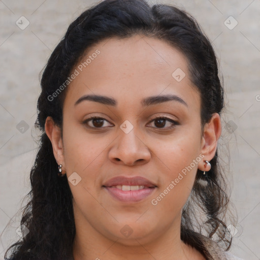 Joyful latino young-adult female with long  brown hair and brown eyes