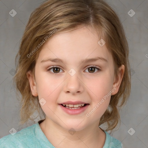 Joyful white child female with medium  brown hair and brown eyes