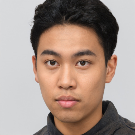 Neutral asian young-adult male with short  black hair and brown eyes