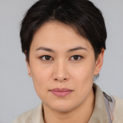 Neutral white young-adult female with short  brown hair and brown eyes