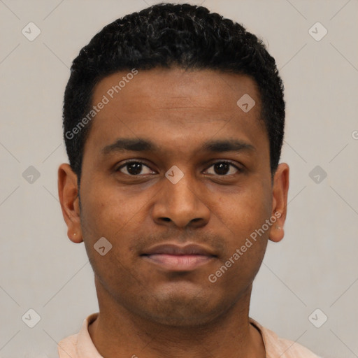 Neutral latino young-adult male with short  black hair and brown eyes