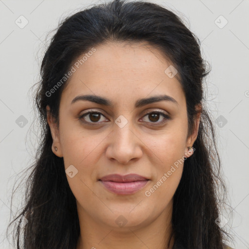 Joyful latino young-adult female with long  brown hair and brown eyes