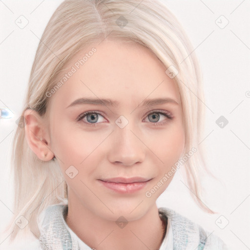 Joyful white young-adult female with medium  blond hair and blue eyes