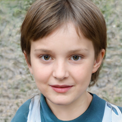 Joyful white child female with medium  brown hair and grey eyes