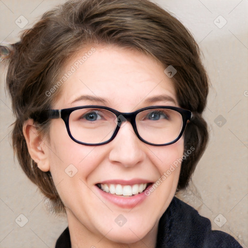 Joyful white adult female with medium  brown hair and blue eyes