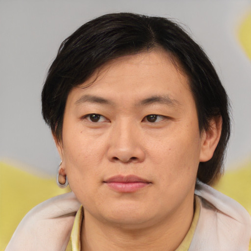 Neutral asian young-adult female with medium  brown hair and brown eyes