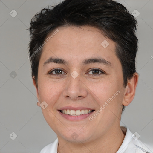 Joyful white young-adult female with short  brown hair and brown eyes