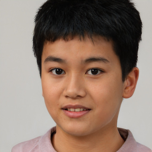 Joyful asian child male with short  black hair and brown eyes