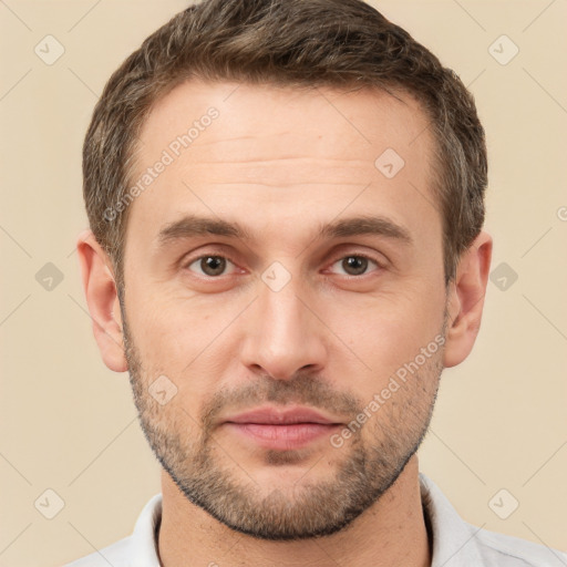 Neutral white young-adult male with short  brown hair and brown eyes