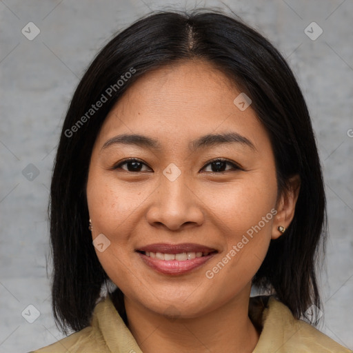 Joyful asian young-adult female with medium  brown hair and brown eyes