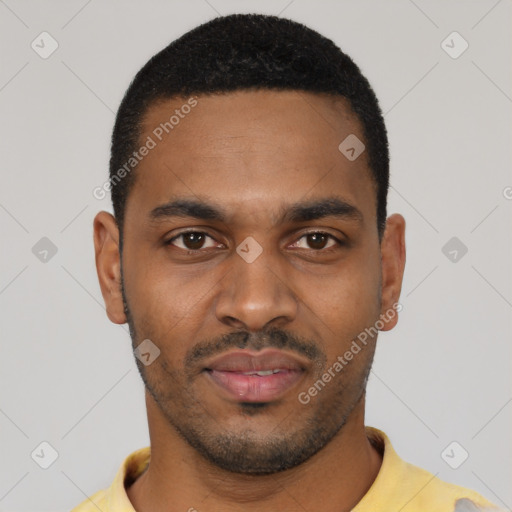 Neutral black young-adult male with short  black hair and brown eyes