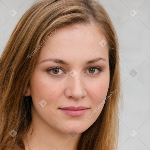 Joyful white young-adult female with long  brown hair and green eyes