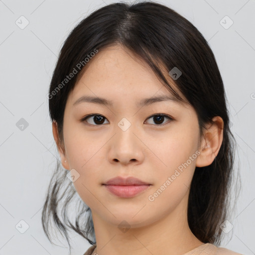 Neutral asian young-adult female with medium  brown hair and brown eyes