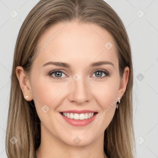 Joyful white young-adult female with long  brown hair and grey eyes