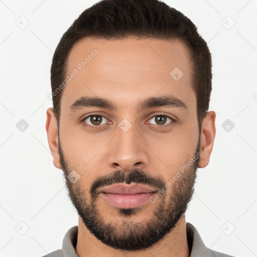 Neutral white young-adult male with short  brown hair and brown eyes