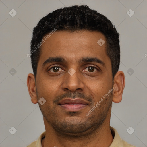 Neutral black young-adult male with short  black hair and brown eyes