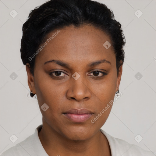 Neutral black young-adult female with short  black hair and brown eyes