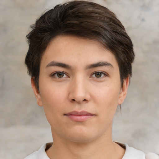 Neutral white young-adult female with short  brown hair and brown eyes