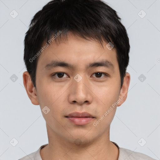 Neutral asian young-adult male with short  brown hair and brown eyes
