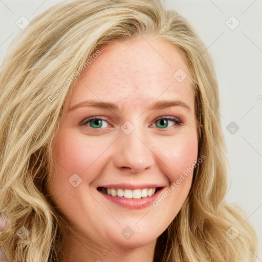 Joyful white young-adult female with long  blond hair and blue eyes