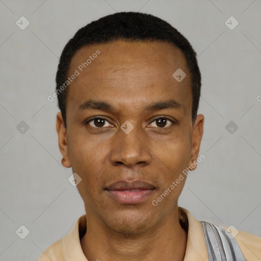 Neutral latino young-adult male with short  black hair and brown eyes