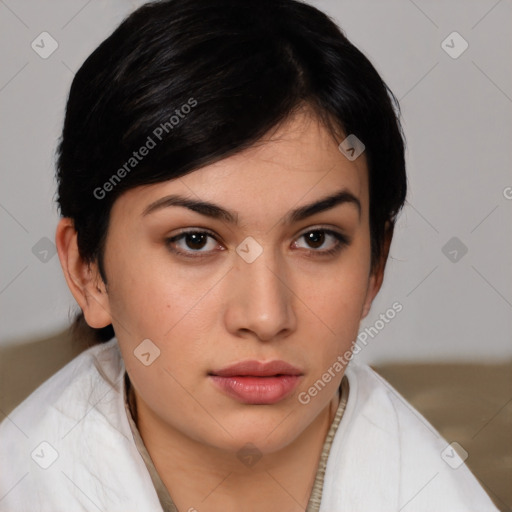 Neutral white young-adult female with medium  brown hair and brown eyes