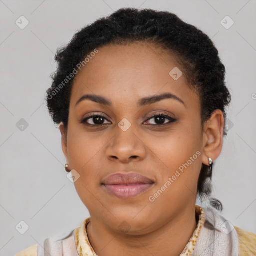 Joyful latino young-adult female with short  brown hair and brown eyes