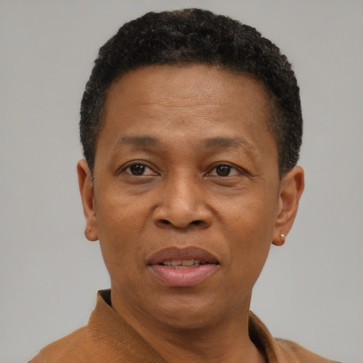 Joyful black adult male with short  brown hair and brown eyes