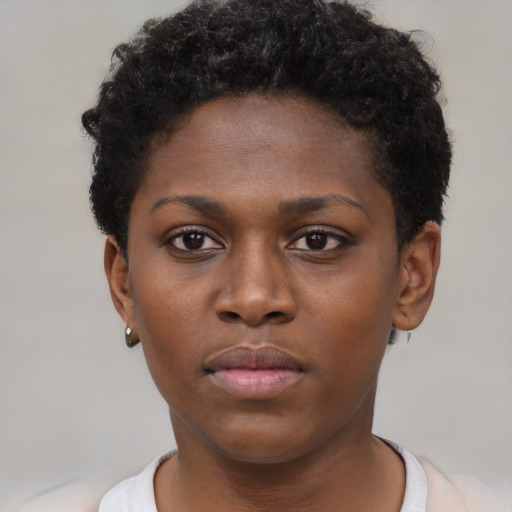 Neutral black young-adult female with short  black hair and brown eyes