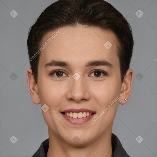 Joyful white young-adult male with short  brown hair and brown eyes