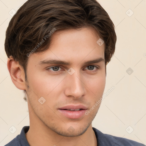 Neutral white young-adult male with short  brown hair and brown eyes