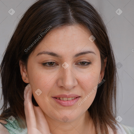 Joyful white young-adult female with medium  brown hair and brown eyes