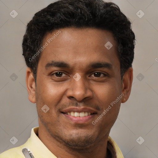 Joyful latino young-adult male with short  brown hair and brown eyes