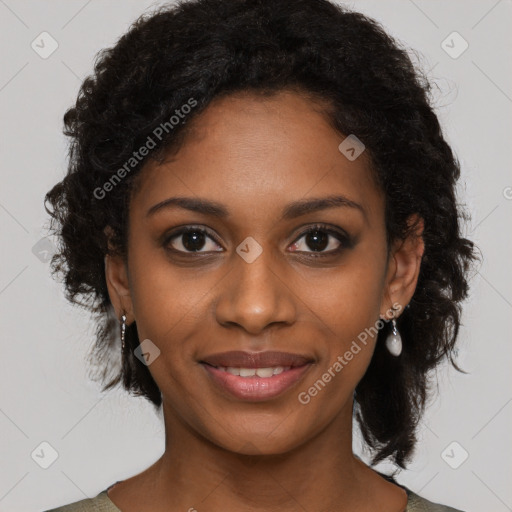 Joyful black young-adult female with medium  black hair and brown eyes