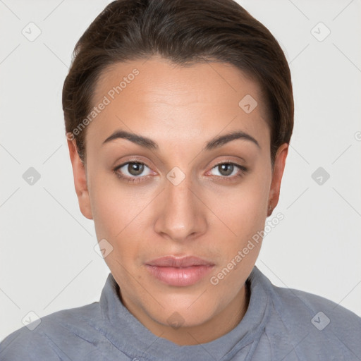 Neutral white young-adult female with short  brown hair and brown eyes