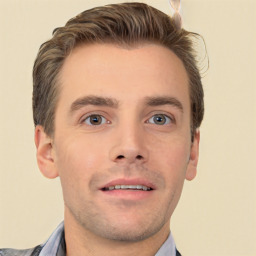 Neutral white young-adult male with short  brown hair and brown eyes