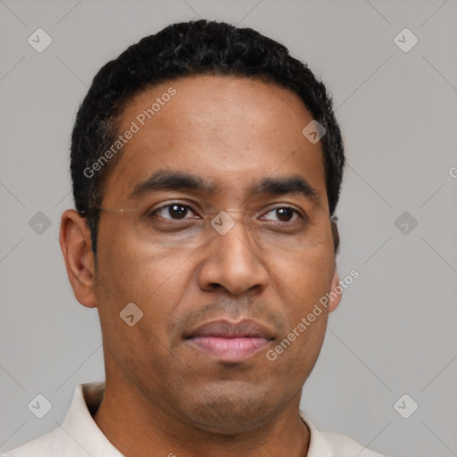 Joyful black adult male with short  black hair and brown eyes