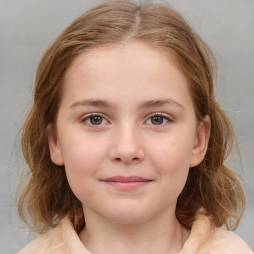 Joyful white child female with medium  brown hair and blue eyes