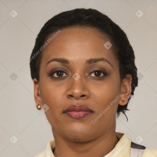 Neutral black young-adult female with short  brown hair and brown eyes