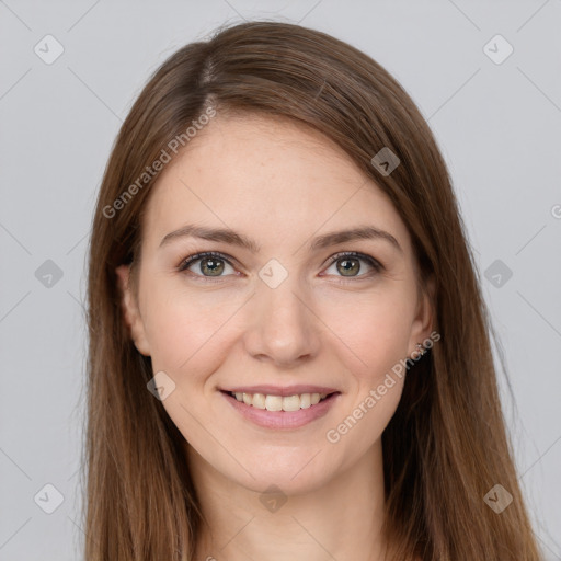 Joyful white young-adult female with long  brown hair and grey eyes