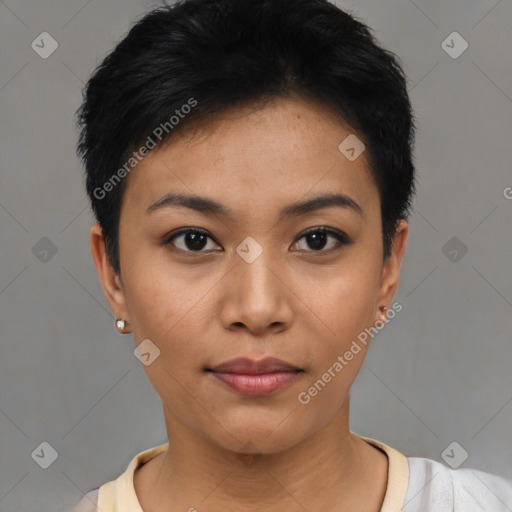 Joyful asian young-adult female with short  black hair and brown eyes