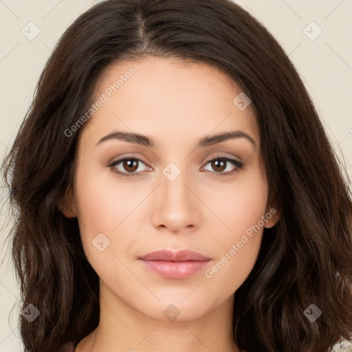 Neutral white young-adult female with long  brown hair and brown eyes