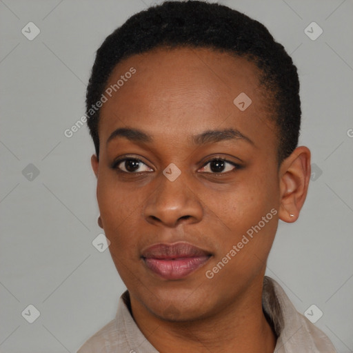 Joyful black young-adult female with short  black hair and brown eyes