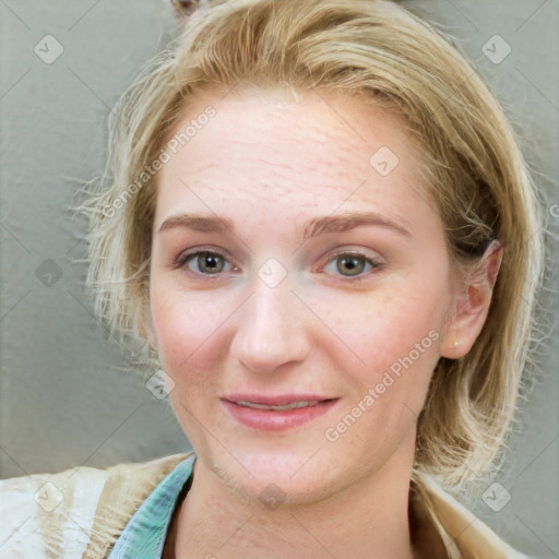 Joyful white young-adult female with medium  brown hair and blue eyes