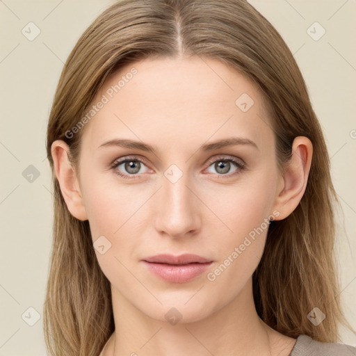 Neutral white young-adult female with long  brown hair and grey eyes