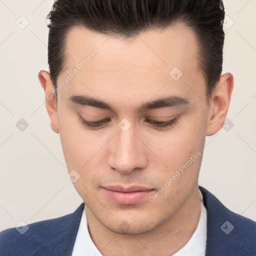 Neutral white young-adult male with short  brown hair and brown eyes