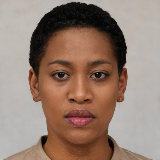 Neutral latino young-adult female with short  black hair and brown eyes