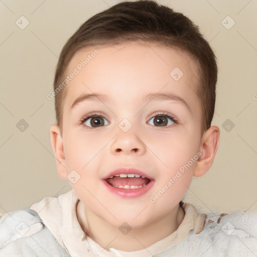 Joyful white child female with short  brown hair and brown eyes