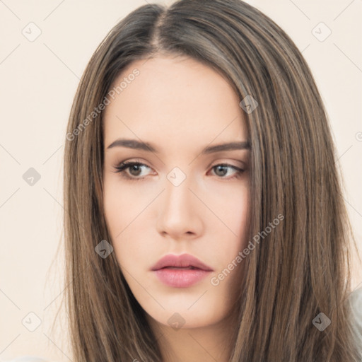 Neutral white young-adult female with long  brown hair and brown eyes