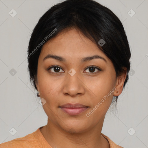 Joyful asian young-adult female with medium  black hair and brown eyes